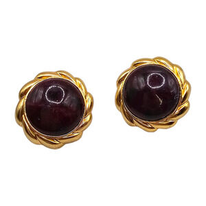 Pierced Purple Button Dome Earrings Round Shaped Acrylic Gold Tone Rope Edged